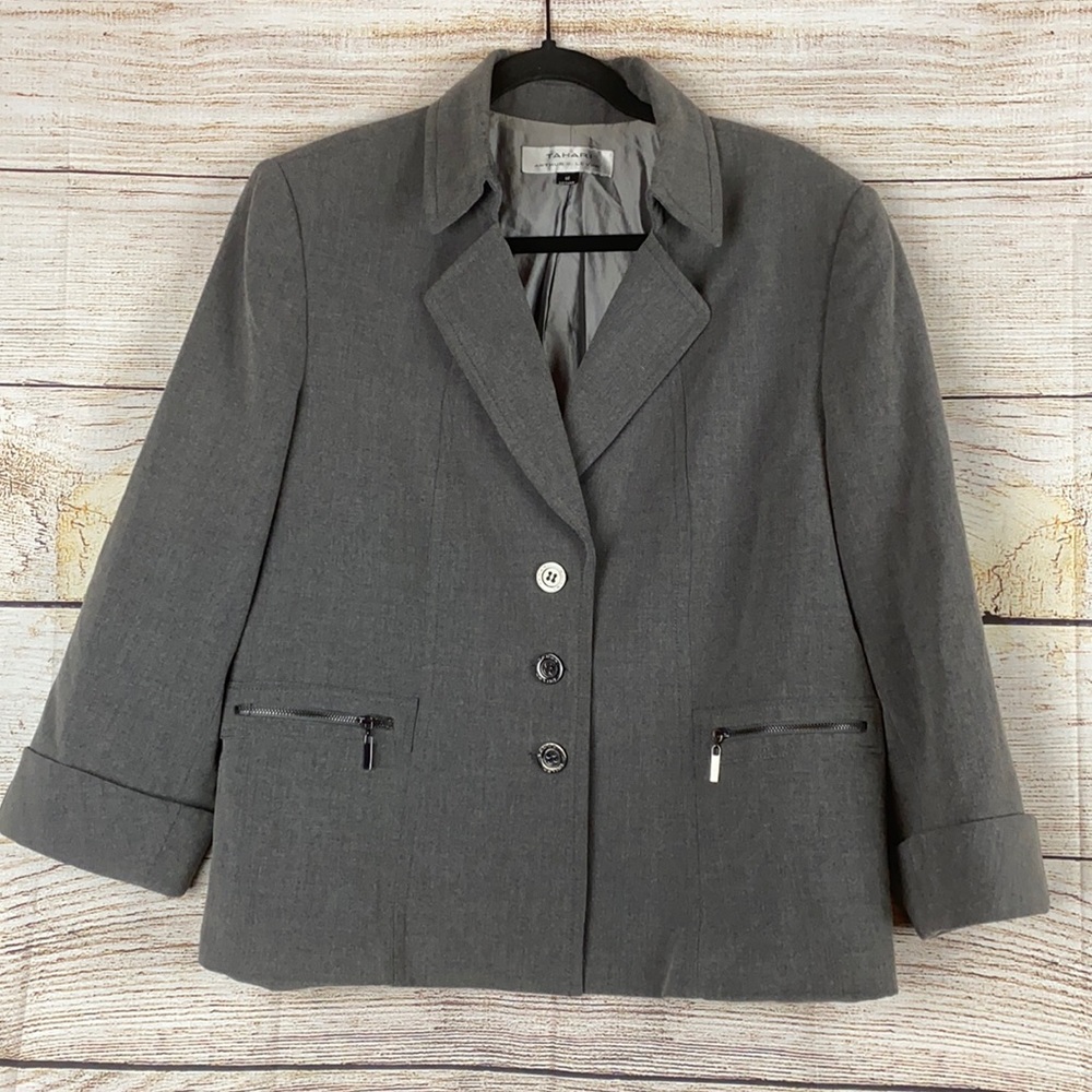 Tahari ASL Gray 3 Button Career Blazer 16